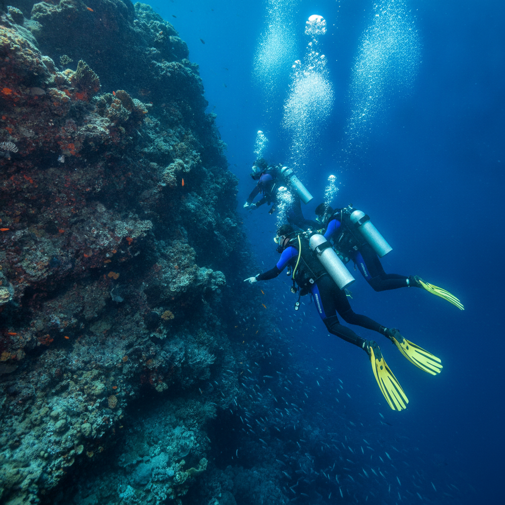 Group of divers descending near a reef wall