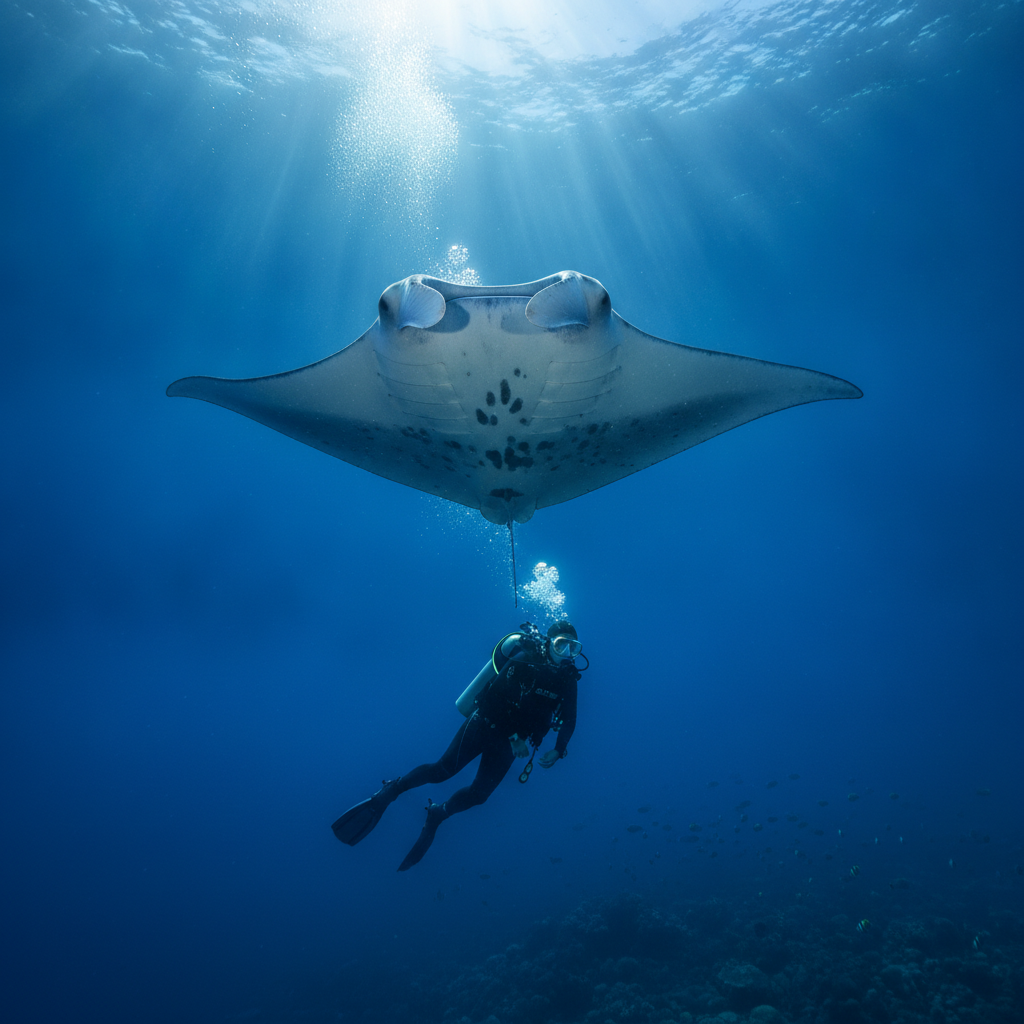 Diver beneath a manta ray