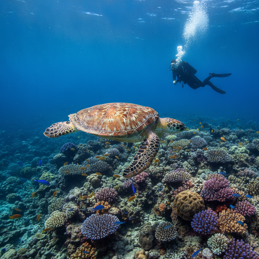 Sea turtle over a coral reef