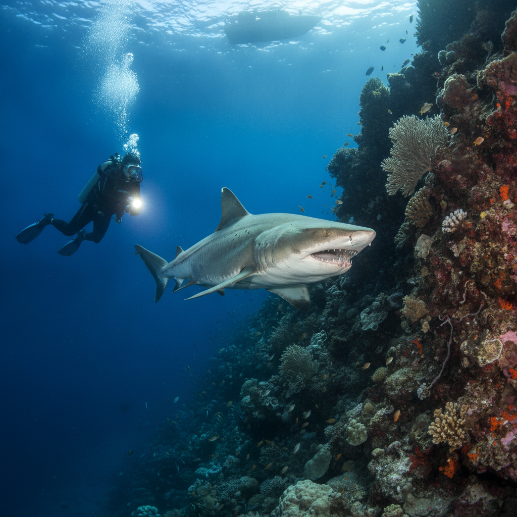 Diver observing a shark near a reef